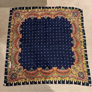 100% Silk Scarf Dark Blue White Polka Dots Square 33.5 in x 35.5 in SunKyung Sa